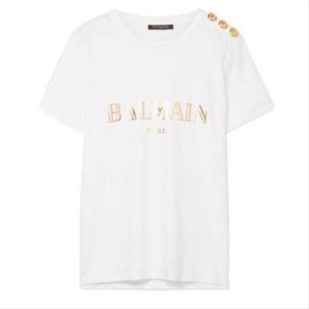 BALMAIN metallic logo printed button embellished tee shirt t-shirt top